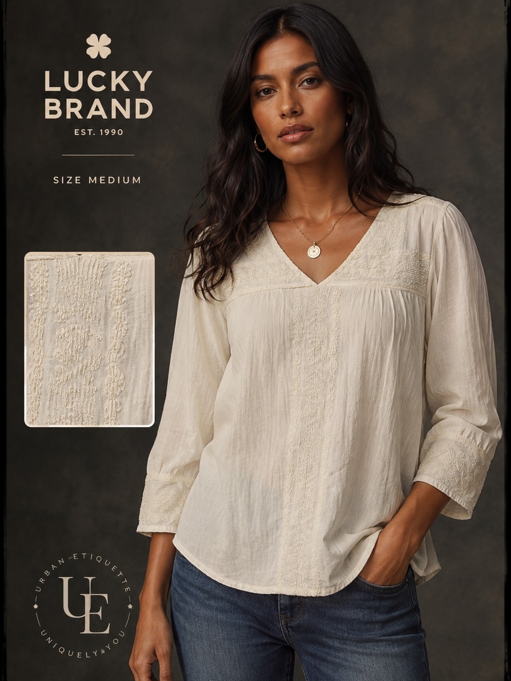 Lucky Brand Cream V-Neck Embroidered Peasant Blouse